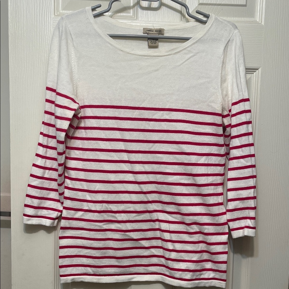 Women White and Red Striped Long Sleeve Top